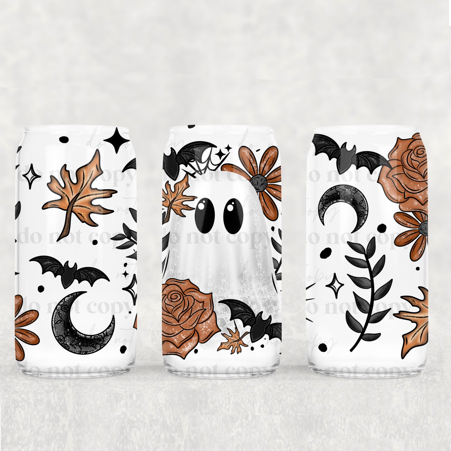 16oz Frosted can glass- Brown floral ghostie