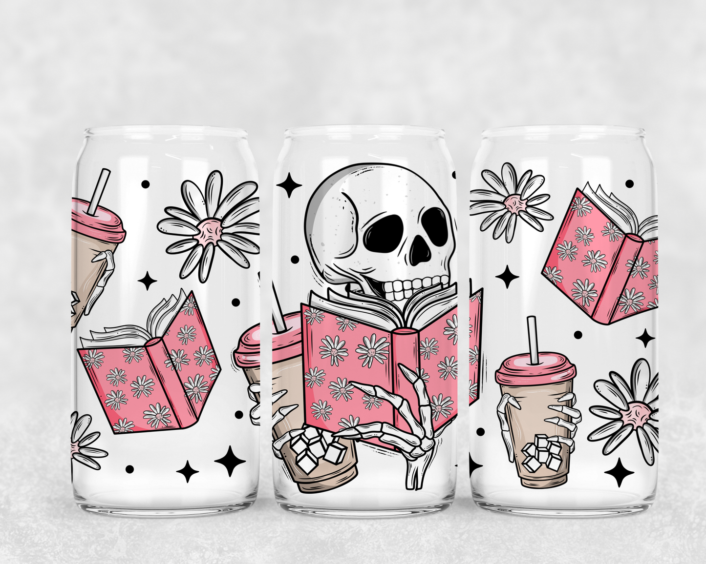 16oz Frosted can glass- Bookish skellie reader