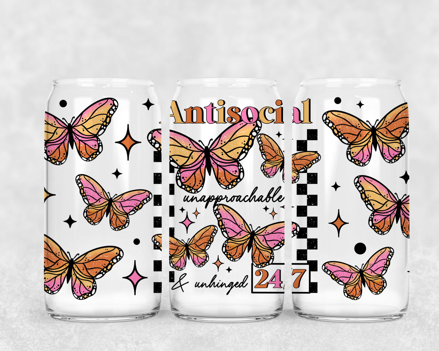16oz Frosted can glass- Antisocial Unapproachable & unhinged