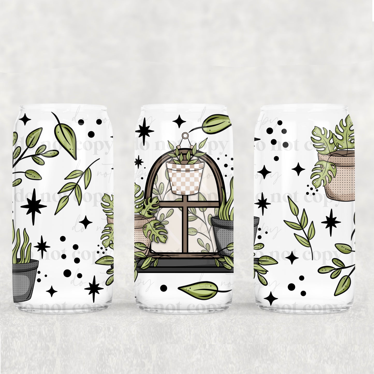 16oz Frosted can glass- Monstera