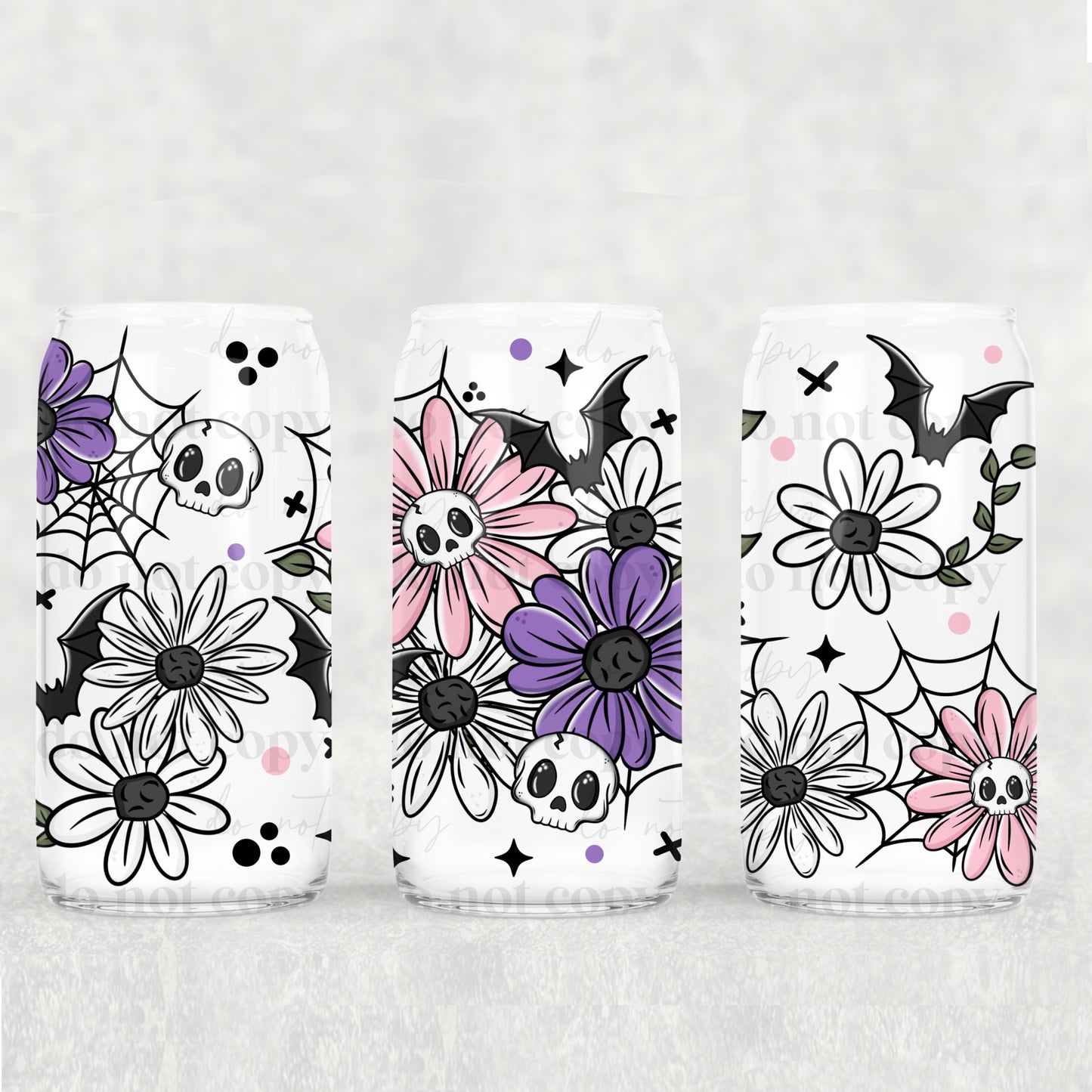 16oz Frosted can glass- Skellie floral bats