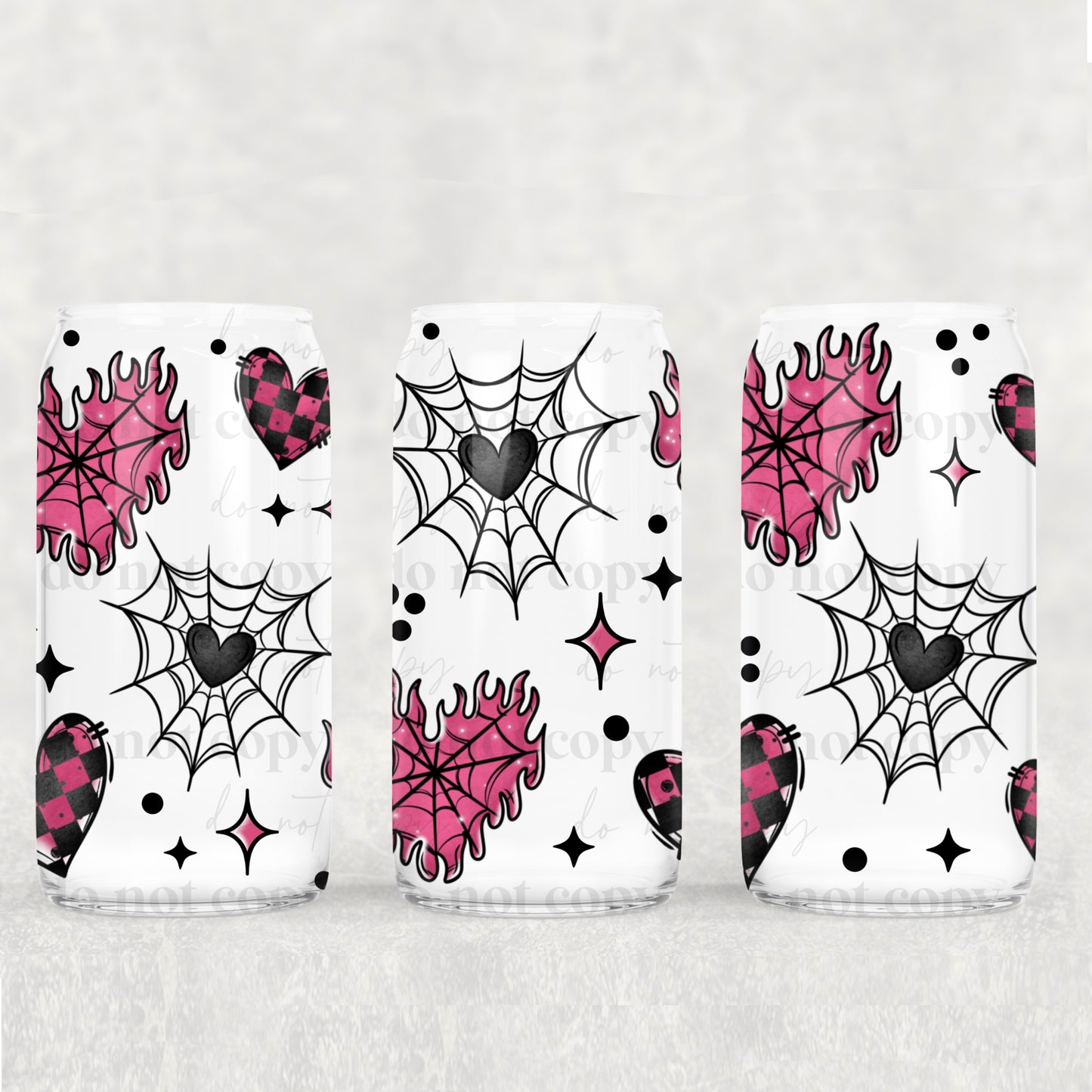 16oz Frosted can glass- Pink flame hearts