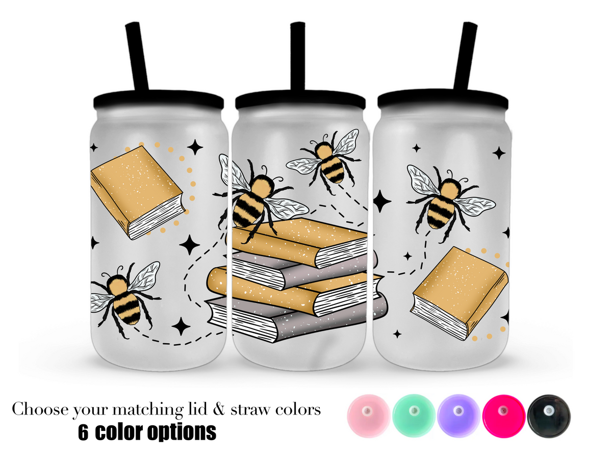 16oz Frosted can glass- Bee's & Books