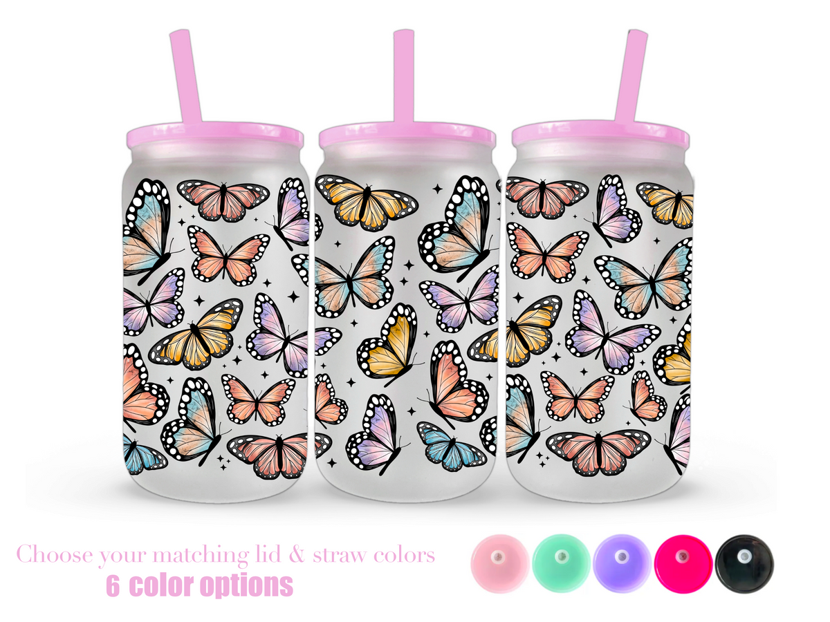 16oz Frosted can glass- Muted Butterflies