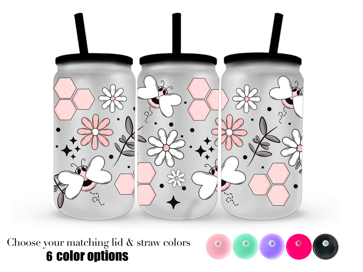 16oz Frosted can glass- Pink Bee's