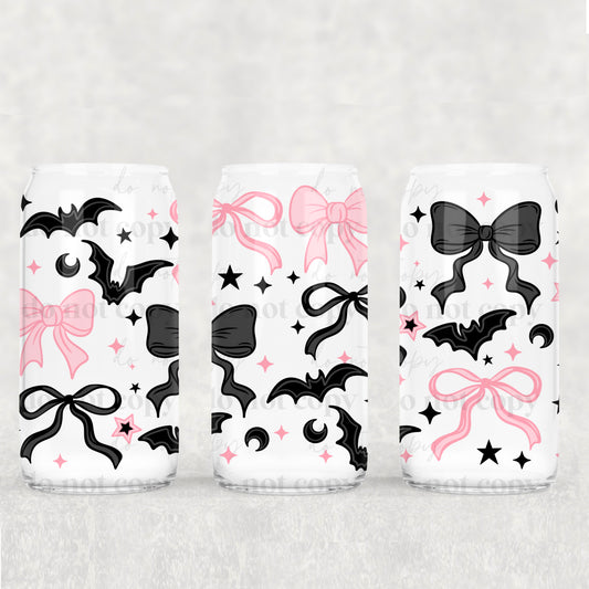 16oz Frosted can glass- Girly spooky bows