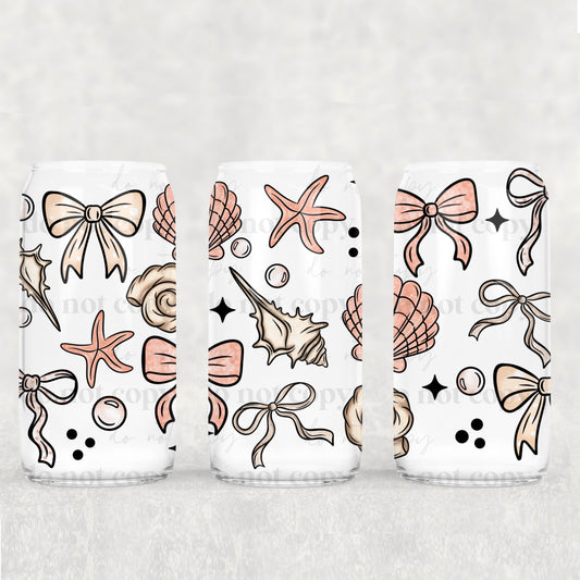 16oz Frosted can glass- Seashell bows