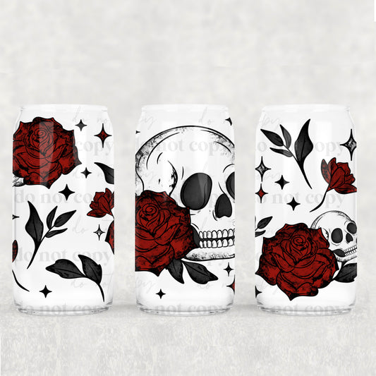 16oz Frosted can glass- Roses and skulls