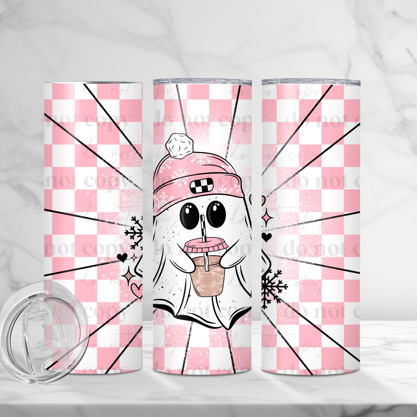 20oz Tumbler- Pink checker ghostie