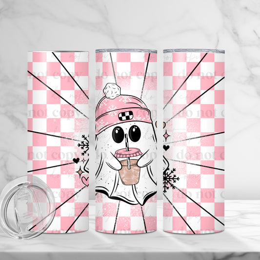 20oz Tumbler- Pink checker ghostie