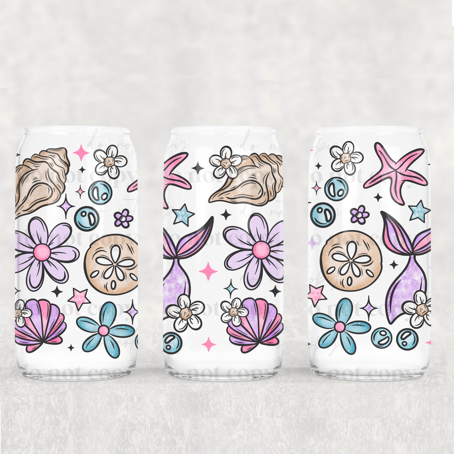 16oz Frosted can glass- Mermaid florals