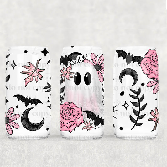 16oz Frosted can glass- Pink floral ghostie