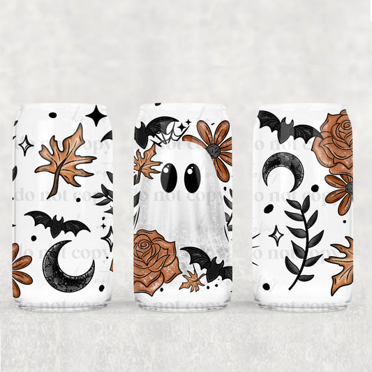 16oz Frosted can glass- Brown floral ghostie