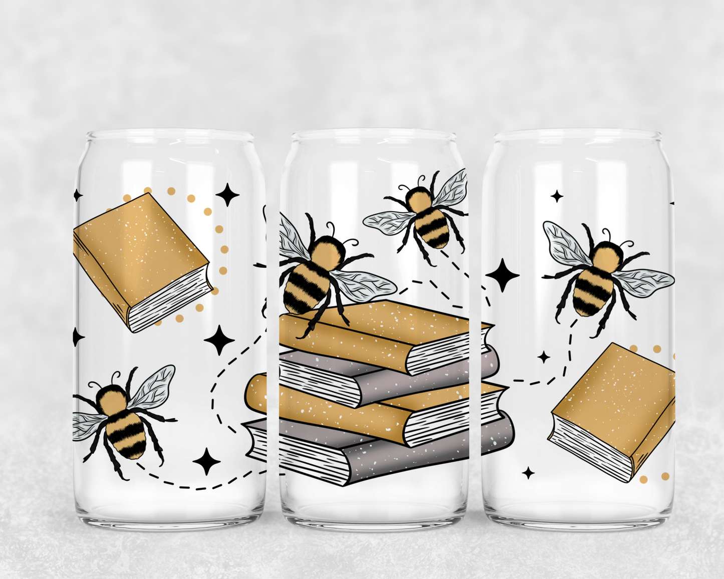 16oz Frosted can glass- Bee's & Books