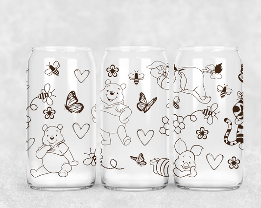 16oz Frosted can glass- Line art characters
