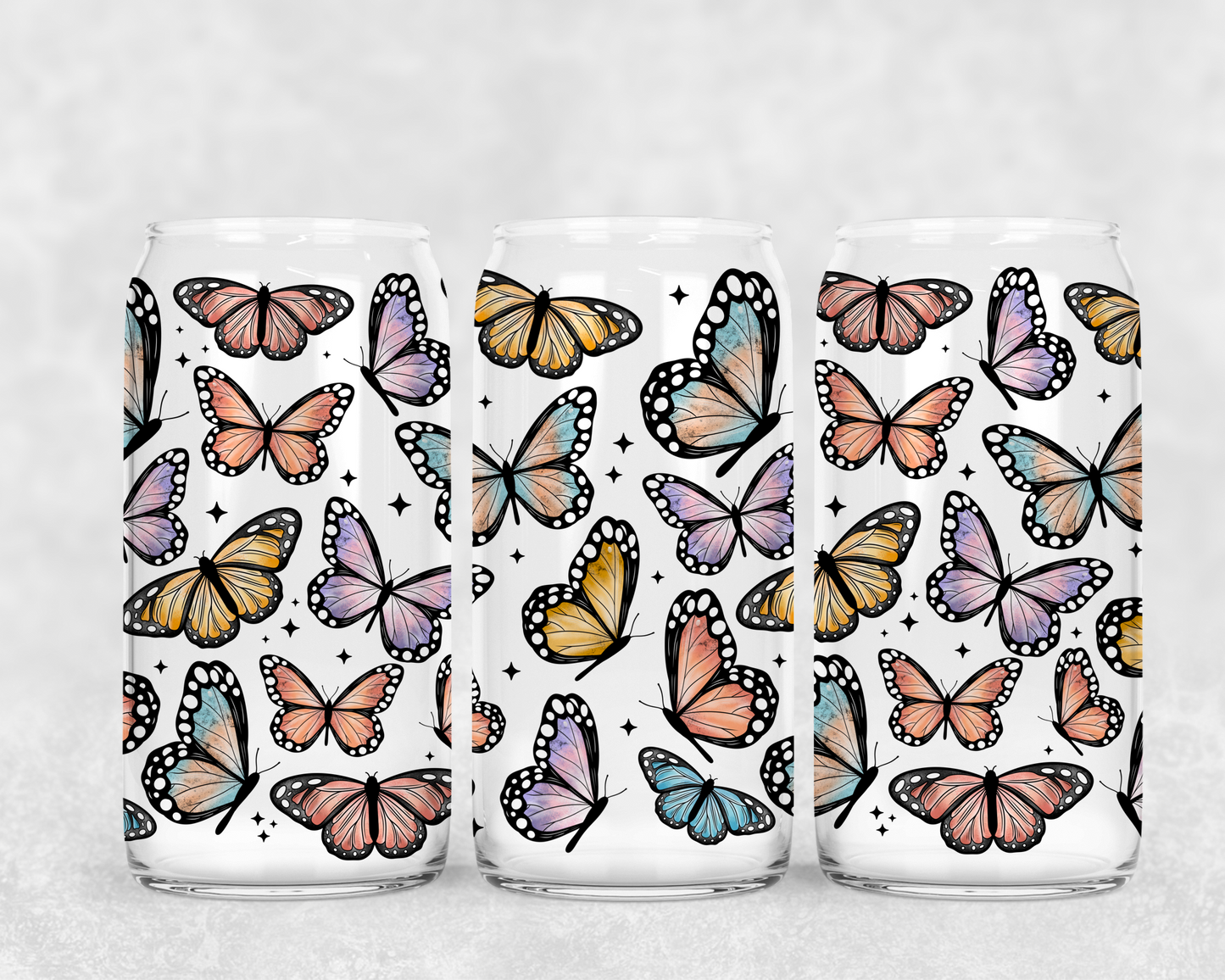 16oz Frosted can glass- Muted Butterflies