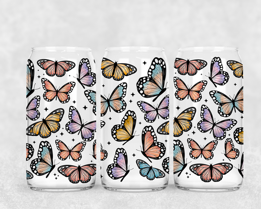 16oz Frosted can glass- Muted Butterflies