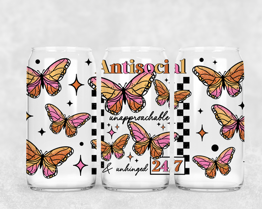 16oz Frosted can glass- Antisocial Unapproachable & unhinged