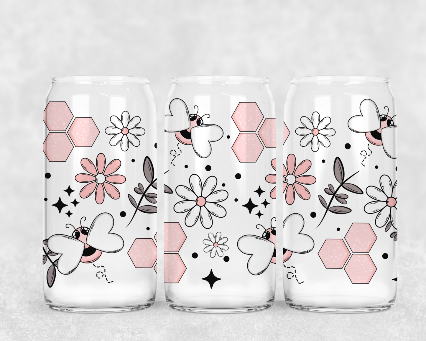 16oz Frosted can glass- Pink Bee's