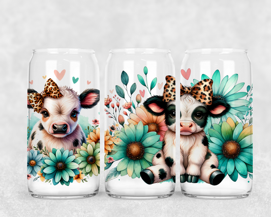 16oz Frosted can glass- Cute cows green flowers