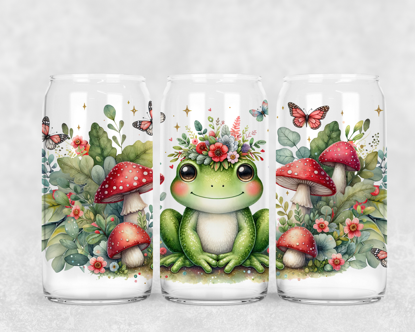 16oz Frosted can glass- Cottagecore frog