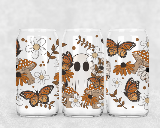 16oz Frosted can glass- Cottagecore ghostie