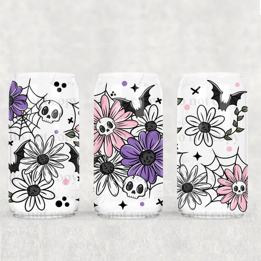 16oz Frosted can glass- Skellie floral bats