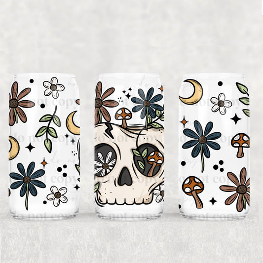 16oz Frosted can glass- Floral skull