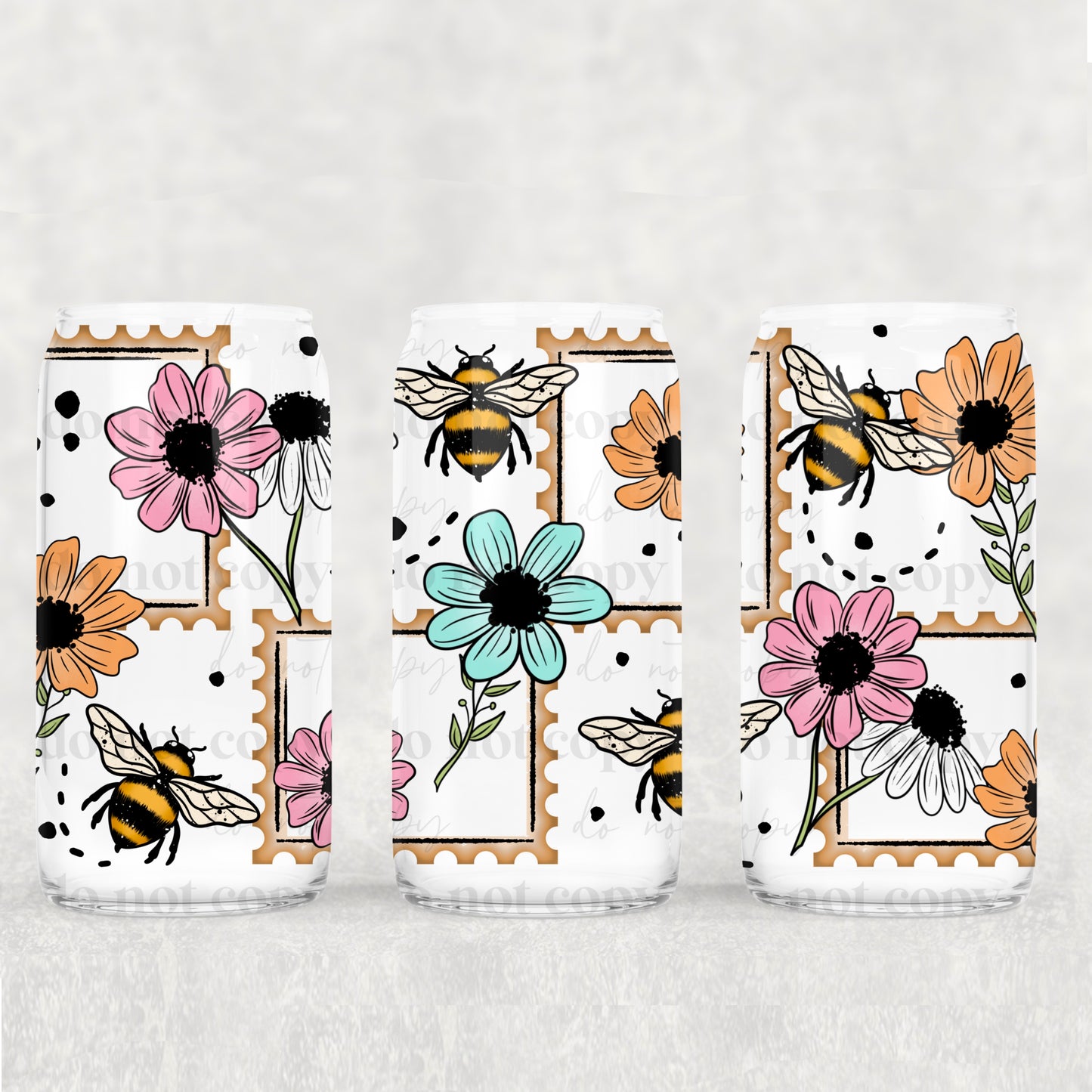 16oz Frosted can glass- Spring floral stamps