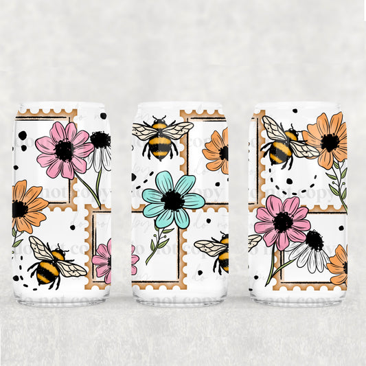 16oz Frosted can glass- Spring floral stamps