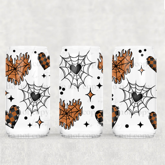 16oz Frosted can glass- Orange flame hearts