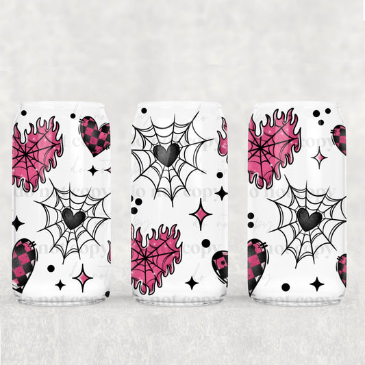 16oz Frosted can glass- Pink flame hearts