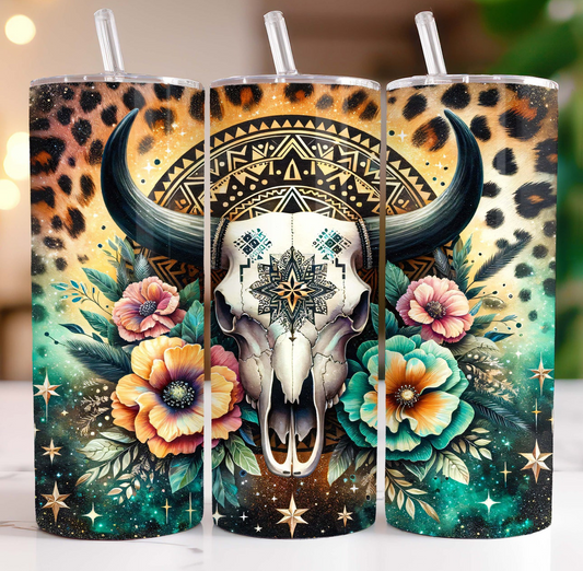 20oz Tumbler- Boho Bull Skull 2