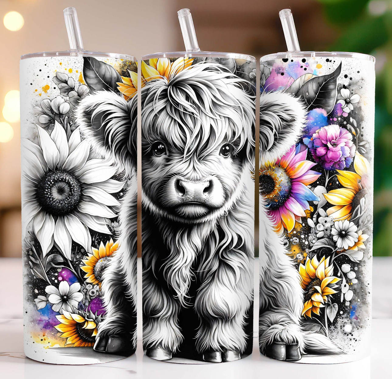 20oz Tumbler- Boho sunflower highland cow