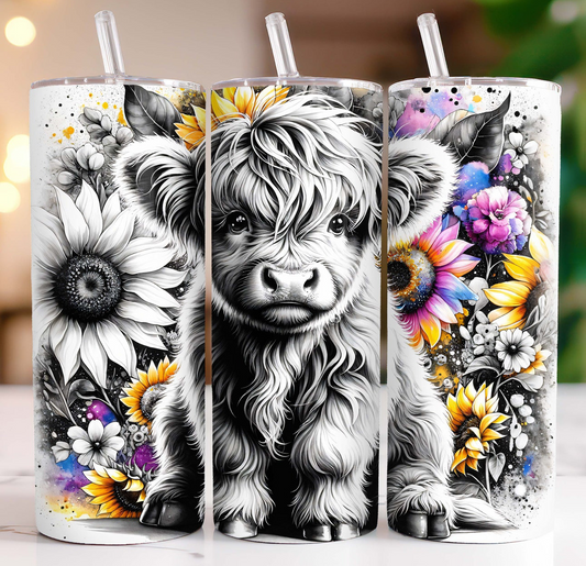 20oz Tumbler- Boho sunflower highland cow