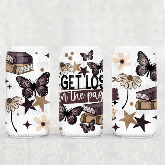 16oz Frosted can glass- Get lost in the pages