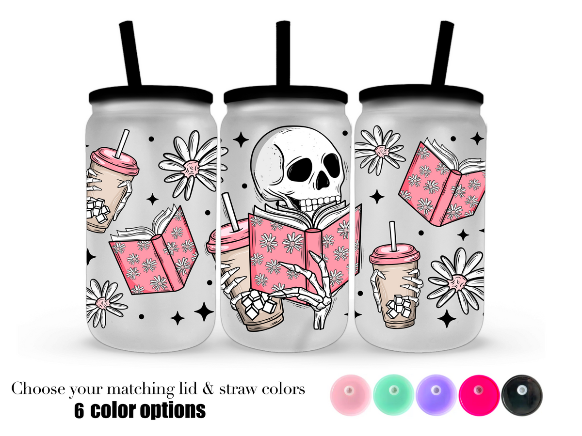 16oz Frosted can glass- Bookish skellie reader