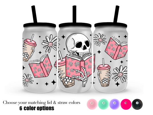 16oz Frosted can glass- Bookish skellie reader
