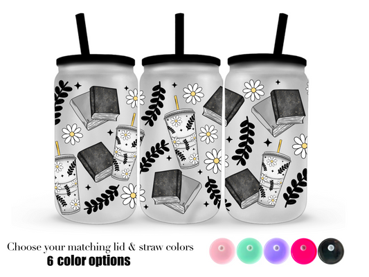 16oz Frosted can glass- Bookish