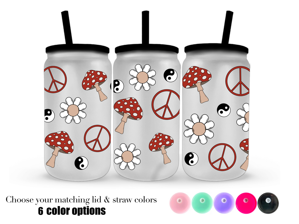 16oz Frosted can glass- Preppy red mushroom