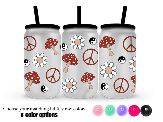 16oz Frosted can glass- Preppy red mushroom