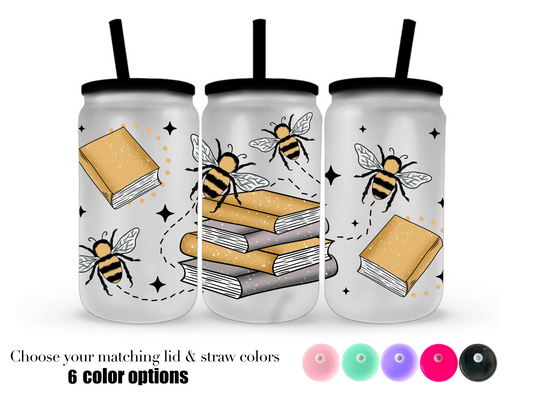 16oz Frosted can glass- Bee's & Books