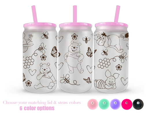 16oz Frosted can glass- Line art characters