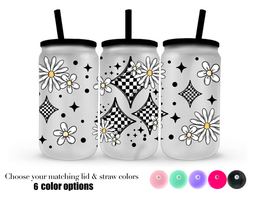 16oz Frosted can glass- Checker doodles