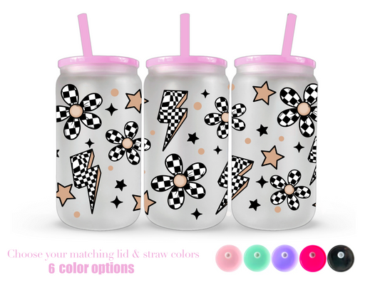 16oz Frosted can glass- Checker doodles 2