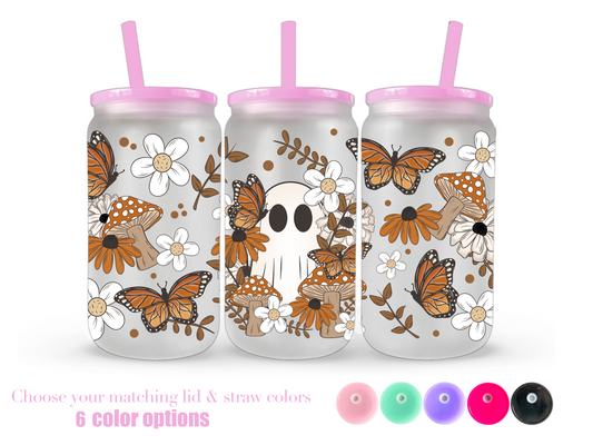 16oz Frosted can glass- Cottagecore ghostie