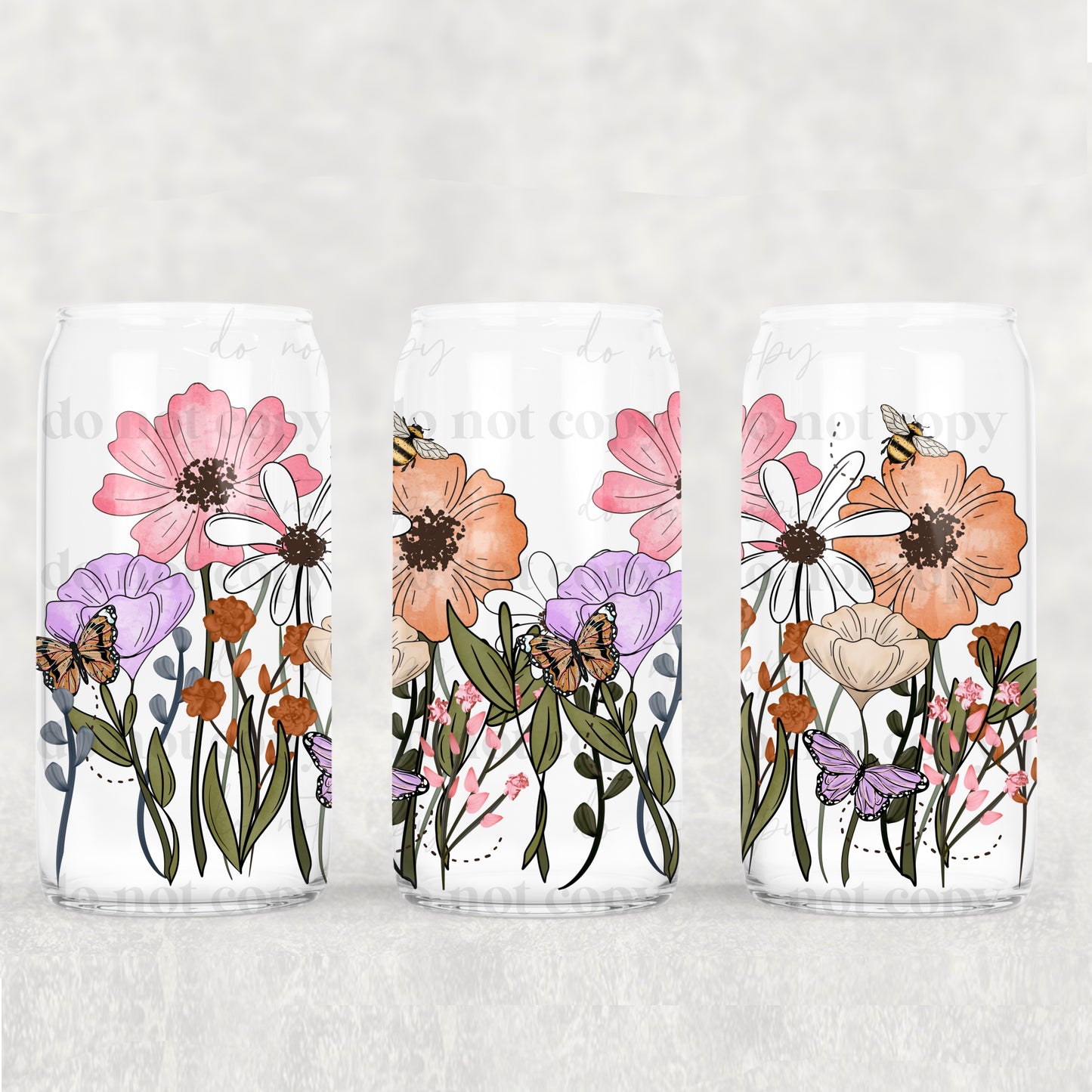 16oz Frosted can glass- Wildflower strip