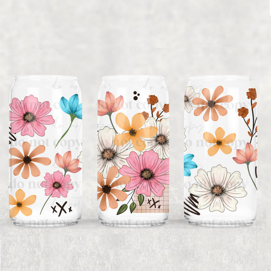 16oz Frosted can glass- Flower clusters