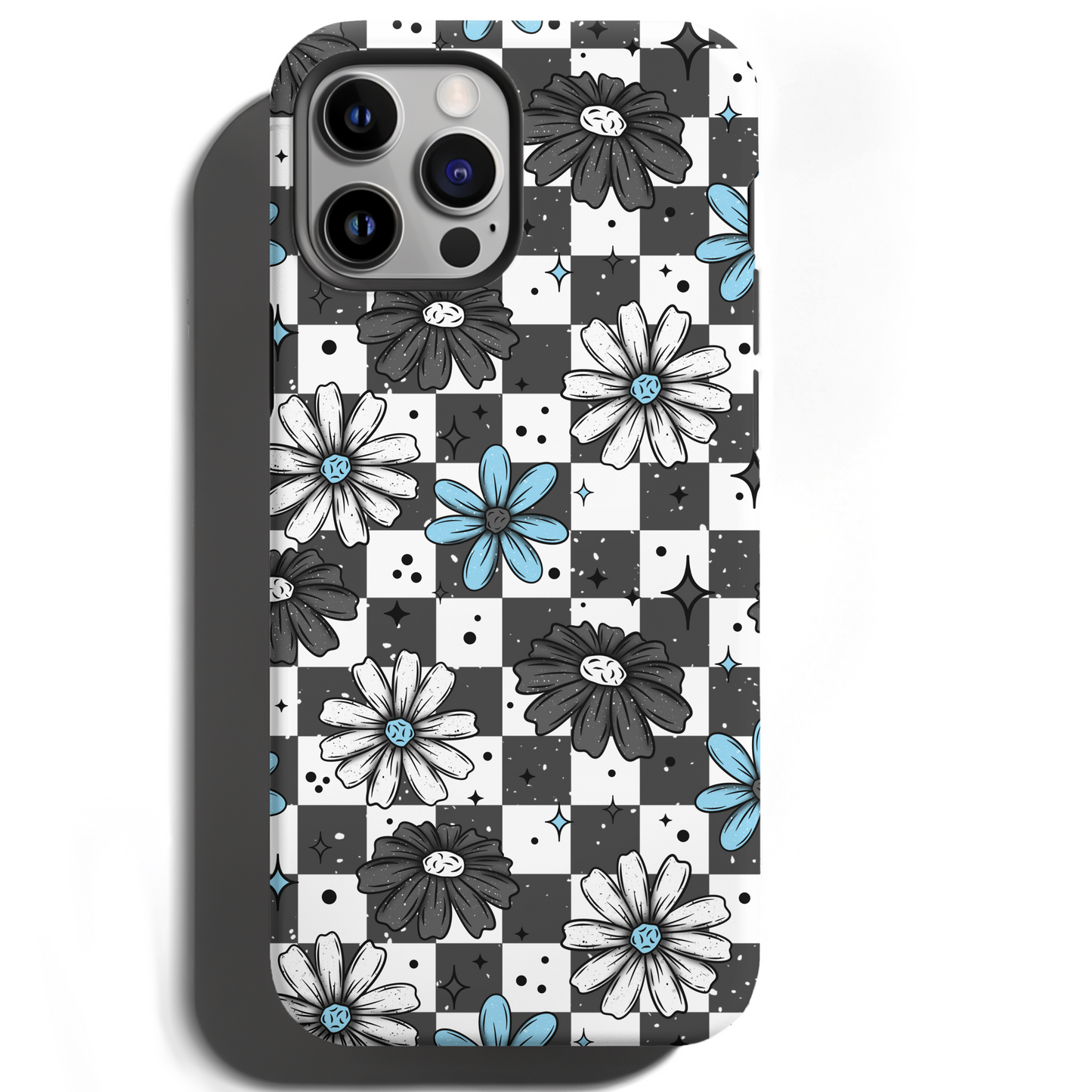 MagSafe Tough Phone case - Blue/Grey Checker print florals