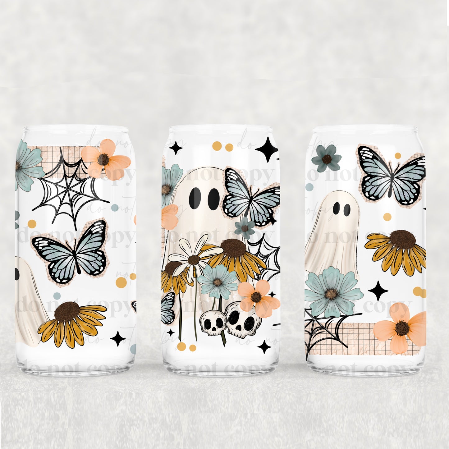16oz Frosted can glass- Floral ghost